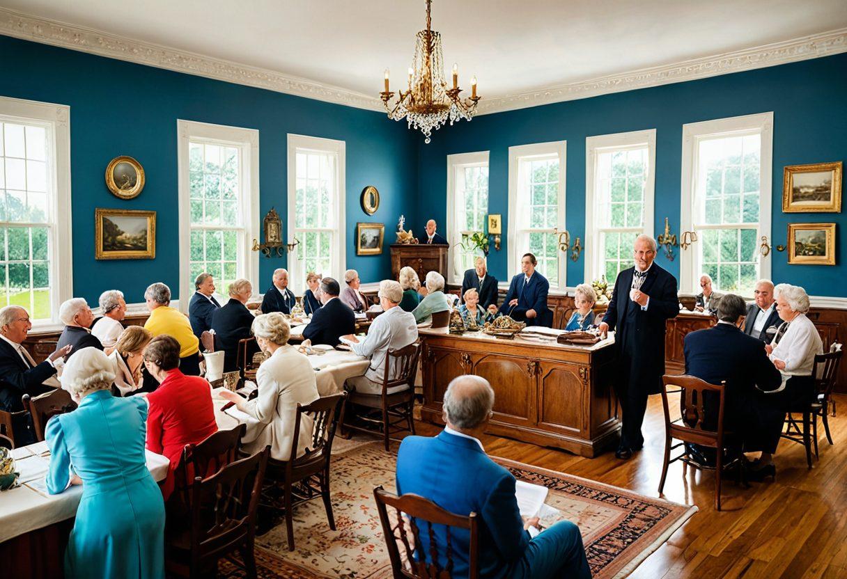 A bright and inviting scene of an elegant estate auction, featuring a diverse crowd animatedly bidding on unique antiques and valuable properties. Showcase colorful auction signs and shiny treasures like vintage jewelry, classic furniture, and rare art pieces, with an auctioneer energetically engaging the audience in the foreground. Include glimpses of elegant houses and estates in the background to emphasize property liquidation. Set against a blue sky with sunlight filtering through. super-realistic. vibrant colors. white background.