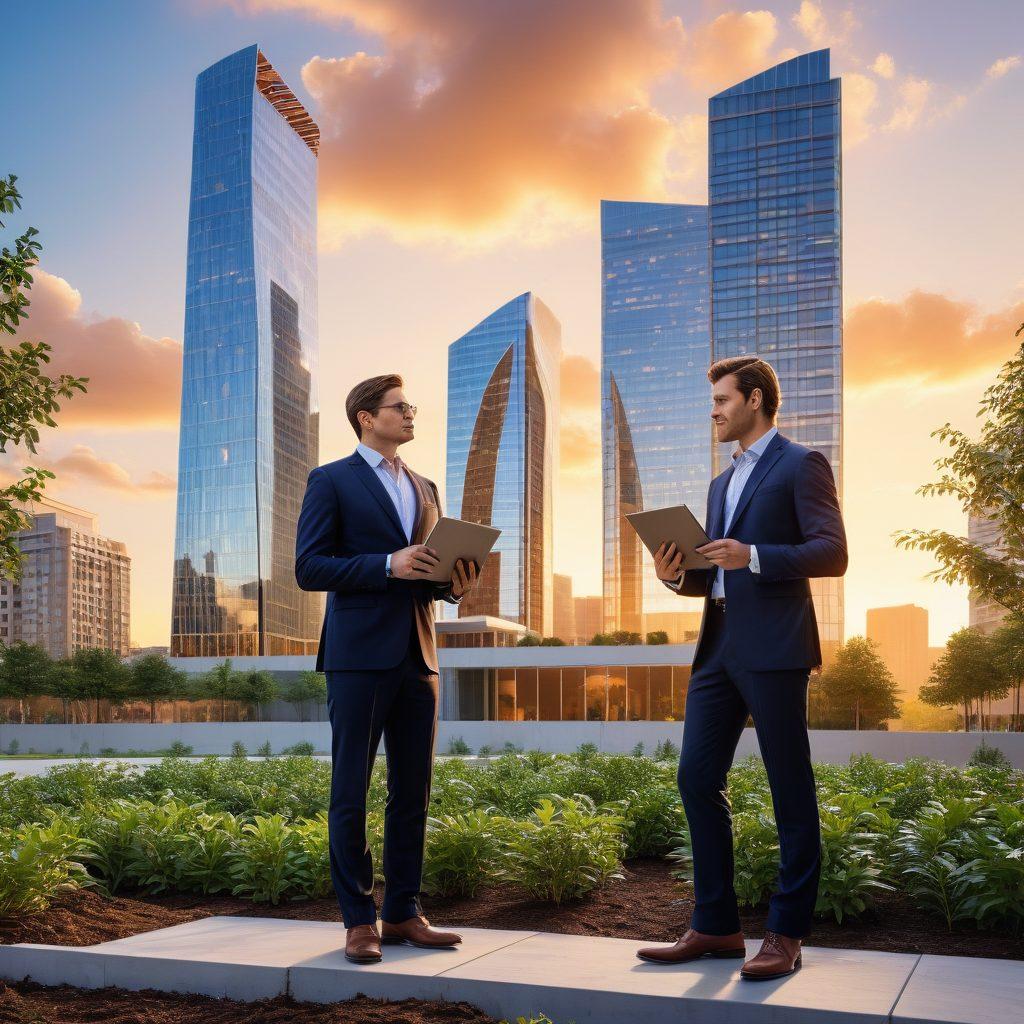 A sophisticated real estate investor standing confidently in front of a modern skyline, holding blueprints and a laptop, while a freshly planted sapling represents growth and inheritance. The scene contrasts traditional architecture with contemporary buildings to symbolize the journey from inheritance to smart investments. Soft sunset lighting adds warmth and optimism. vibrant colors. super-realistic.