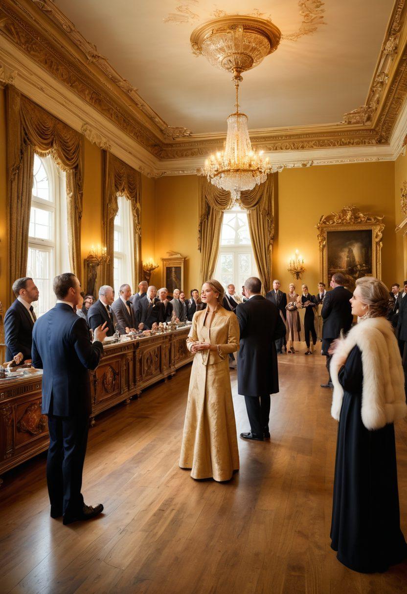 An elegant estate auction scene featuring a diverse group of bidders examining various real estate assets, with an auctioneer passionately explaining the unique features of a grand house in the foreground. Captured in an opulent setting with golden light illuminating detailed architectural designs, showcasing excitement and anticipation among bidders. Include vibrant signage of 'Realty Auctions' to enhance the theme. super-realistic. vibrant colors. 3D.
